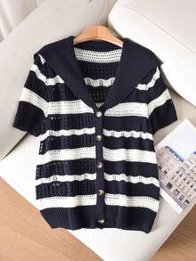 CosyJoli Áo khoác cardigan mỏng tay ngắn kẻ sọc dáng suông một hàng cúc dành cho nữ cỡ lớn, thích hợp cho mùa xuân/hè. Áo khoác cardigan mùa xuân cho nữ. - Đen và trắng - Xem 4