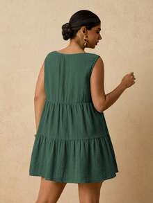 Travachic 大码休闲百搭黑色棉质系带蝴蝶结无袖迷你连衣裙 - 墨綠色 - 查看 2