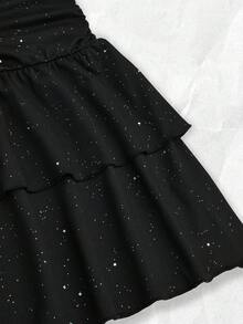 Olithes Robe décontractée en tissu noir brillant avec col ras-du-cou, taille nouée, double volant à l'ourlet, convient pour les sorties, le travail, les rendez-vous, les fêtes, les rassemblements, le thé de l'après-midi - Noir - Voir 6