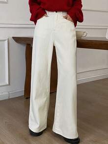 DAZY Damen Lässig einfarbige Schlagjeans, Herbst/Winter - Beige - Übersicht 5