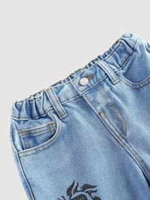 SHEIN 男童字母火焰印花宽松蓝色牛仔裤 - 淺色水洗藍 - 查看 4