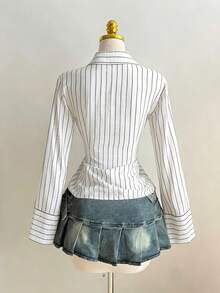 Elamini 1pc Black V-Neck Striped Collar Slim Fit Button-Up Long Sleeve Sexy Blouse For Commuting & Daily Wear, Winter - White - View 2