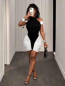 SHEIN BamGlam Đầm ôm sát trễ vai xếp ly phối màu thời trang mùa hè dành cho nữ - màu đen - Xem 5