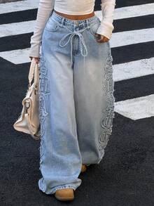 Muchica Washed Blue Women's Letter Applique Pocket Wide Leg Loose Casual Jeans - Blue - View 1