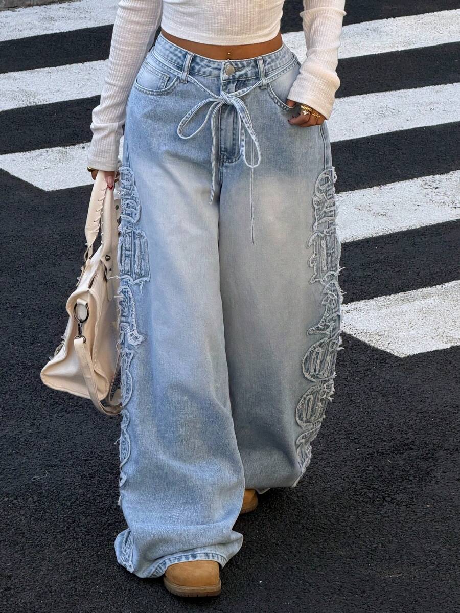 Muchica Washed Blue Women's Letter Applique Pocket Wide Leg Loose Casual Jeans - Blue - View 1