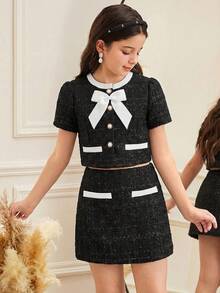 SHEIN Serisse Kids 少女圆领蝴蝶结装饰单排扣短袖衬衫和迷你裙，法式优雅休闲套装 - 黑色 - 查看 8