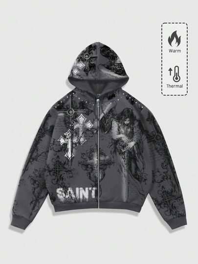 Goth Men's Cross & Letter Print Hooded Zip-Up Long Sleeve Sweatshirt, For Winter