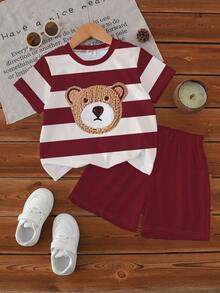 一套幼儿男童休闲可爱条纹卡通熊印花短袖T恤和短裤套装，适合夏季外出穿着 - 彩色 - 查看 3