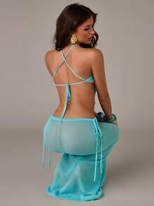 SHEIN BAE Women's Teal Blue Halter Tie Backless Top And Mini Skirt Set,Summer Casual Beach Vacation Holiday Outfits,Bohemian Elegant Beachwear Cover Up - Blue - View 2