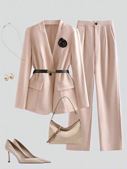 Franclia 大码优雅休闲套装，V领长袖外套搭配直筒裤，咖啡色商务休闲套装，女士西装套装，女士优雅办公套装，女士西装套装