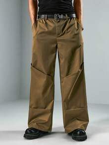 ROMWE MEN Street Life Spring Casual Men'S Solid Color Elastic Waist Pleated Wide Leg Pants - Brown - View 4