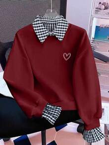 Resyla 女士时尚休闲条纹爱心印花卫衣 - 酒紅色 - 查看 1