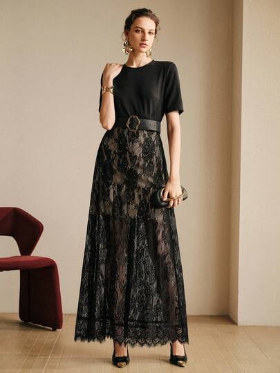 Arave Women's Lace Patchwork Knitted Fabric Round Neck Waist Belt Design Elegant Date Night Dress Lace Maxi Dress Elegant Skirt Set Lace Black Dress Long Skirt