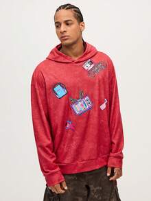 MTV | SHEIN 男士休闲街头印花宽松落肩连帽衫，适合日常通勤，春秋季穿着 - 玫紅色 - 查看 3