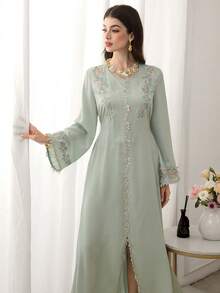 Yasmyna 春夏浅绿色刺绣系腰长袖前开衩喇叭优雅连衣裙，女士款 - 綠色 - 查看 9