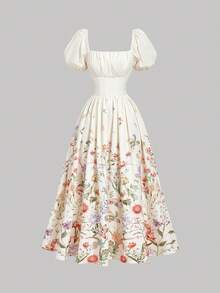 SHEIN MOD Women's Vintage Floral Print Bohemian Dress,Elegant Flowy Milkmaid Dresses For Summer Tea Party,Cream Court Style Garden Vacation Outfit - Apricot - View 5