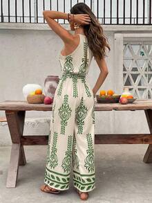 SHEIN Frenchy 女士夏季休闲波西米亚度假风印花缎面吊带阔腿连体裤 - 綠色 - 查看 2