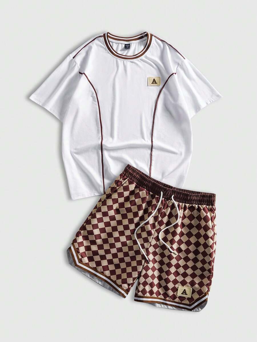 ROMWE MEN Essentials 男士撞色滚边圆领短袖T恤和菱格纹抽绳腰短裤休闲套装 - 白色 - 查看 1