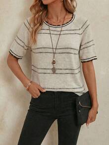 EMERY ROSE Commuting Chic Versatile Striped Round Neck Raglan Sleeve Top - Beige - View 6