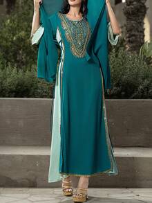Layrah Chiffon Contrast Color Handmade Rhinestone Decorated Arabian Robe With Headscarf Formal Elegant Party Uxury Evening Dresses Wedding Party Dress Turquoise Teal Dresses For Women - Multicolor - View 5