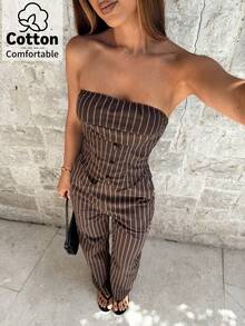 Aloruh Coffee Striped Bandeau Top + Straight Leg Pants Elegant Commuter 2 Pieces Set - Coffee Brown - View 4