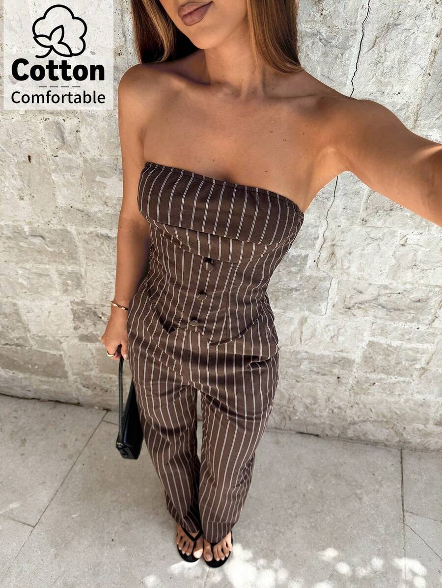 Aloruh Coffee Striped Bandeau Top + Straight Leg Pants Elegant Commuter 2 Pieces Set - Coffee Brown - View 1