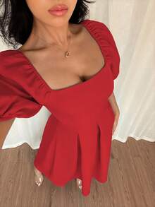 Elenzga Women's Red Summer Elegant Party Dress,Minimalist Solid Color Crew Neck Ruffle Hem A-Line Puff Short Sleeve Dress,Suitable For Office,Commute,Casual - Red - View 7