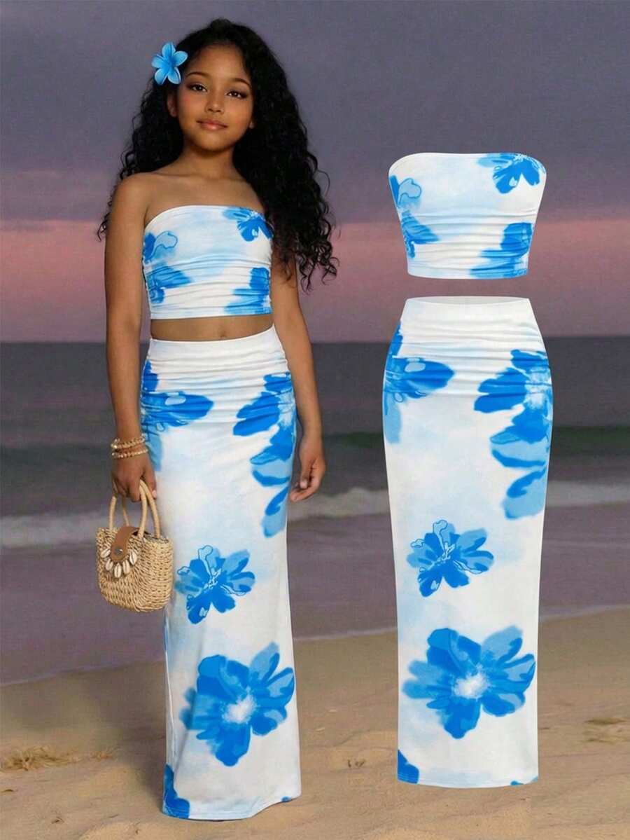 SHEIN Tween Girls Cute Blue All Over Print Ruched Tube Top And Maxi Skirt Co-Ord Set In Polyester - Blue - View 1