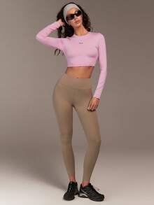 VARSIVA Women's Pink Letter Print Casual Crew Neck Long Sleeve Top - Pink - View 3