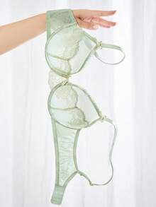 LUVLETTE Soft Woman LingerieBreathable Underwire Sexy Unlined Minimizer Green Floral Lace & Sheer Mesh Bra