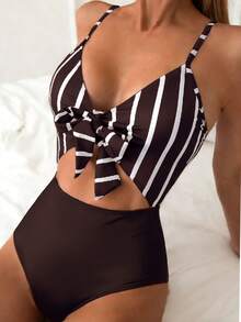 Swim Lushoire Áo tắm liền thân nữ họa tiết sọc, điểm nhấn nơ, màu trơn, thích hợp cho kỳ nghỉ biển. - màu nâu - Xem 3