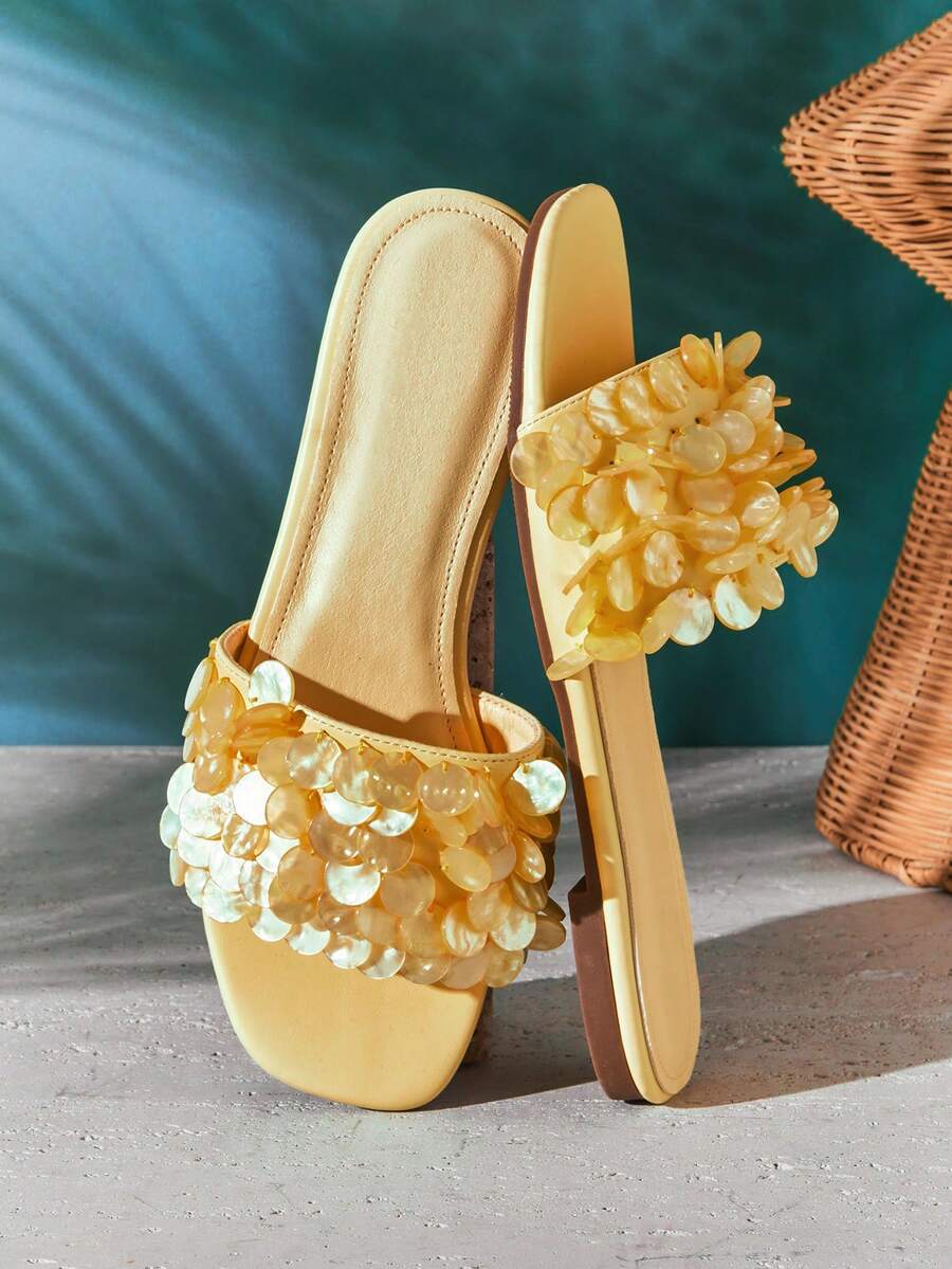 SHUZIA Sandal đế bằng Waverly Shell thoải mái, kiểu dáng thường ngày dành cho nữ. - Màu vàng - Xem 1