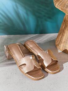 SHUZIA Dép lê nữ bán chạy nhất mọi thời đại, kiểu dáng sang trọng, khoét hở ngón, chất liệu PU màu vàng hồng dập nổi. - Hoa hồng vàng - Xem 6