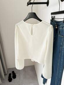 SHEIN Frenchy 女士圆领树叶印花不对称下摆时尚百搭日常灯笼袖衬衫 - 彩色 - 查看 2