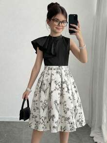 SHEIN Firerie Kids 少女纯色无袖上衣和碎花裙套装，可爱休闲日常百搭 - 彩色 - 查看 1
