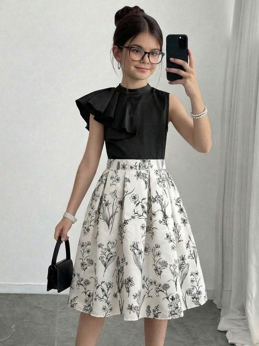 SHEIN Firerie Kids 少女纯色无袖上衣和碎花裙套装，可爱休闲日常百搭 - 彩色 - 查看 1