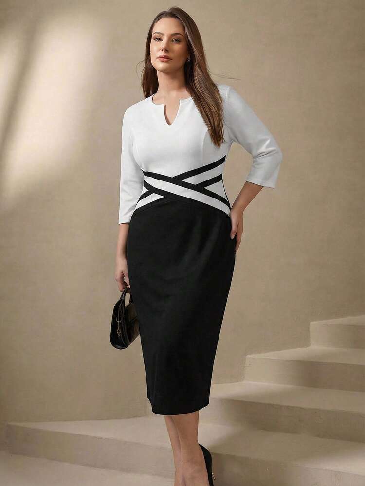 SHEIN Clasi Đầm nữ cỡ lớn dáng lửng cổ chữ V, màu đen, tay lỡ 3/4, chân váy bút chì kẻ sọc đen trắng, đầm công sở thanh lịch dáng ôm, đầm công sở tối giản ôm sát. - Đen và trắng - Xem 3