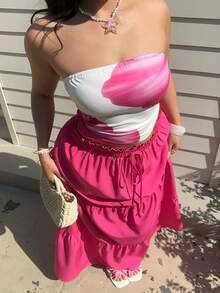 Sunnyshic Set de 2 piezas con top tubo y falda maxi con estampado floral rosa de moda para verano, conjunto de playa - Rosa - Ver 6