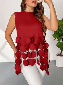 Firerie Bluză de damă Plus Size, culoare solidă, rotundă, cu decor, fără mâneci, cu guler rotund, la modă - roșu - Vizualizare 3
