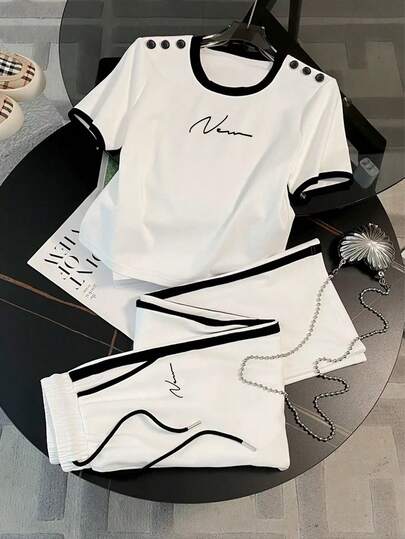 Resyla 修身短款圆领插肩短袖T恤+直筒裤，带侧袋