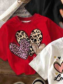 SHEIN 3pcs Young Girl Casual Cute Leopard Print & Heart Graphic Short Sleeve Basic T-Shirt, Suitable For Spring/Summer Casual Everyday Wear - Multicolor - View 4