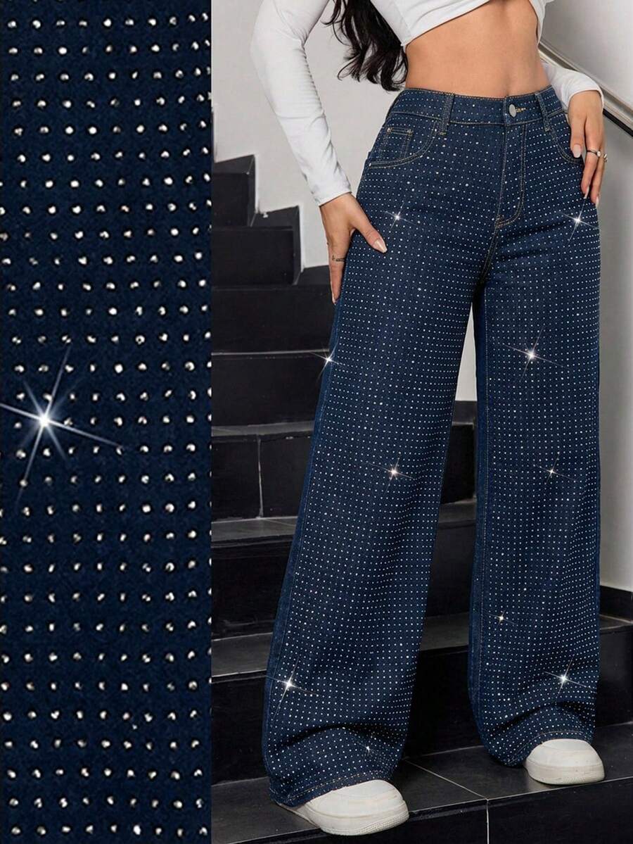 SHEIN BAE Jeans de pierna ancha con brillos y adornos de strass de moda para mujer, ideales para fiestas de Año Nuevo y eventos chic de invierno - Azul lavado oscuro - Ver 1