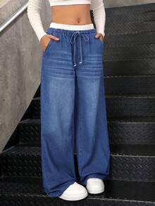 SHEIN Teenager Mädchen Y2K Herbst Blaue & Weiße Lässige Gestreifte Weite Bein Jeans Hose, Mit Kontrastierendem Bund Und 2-in-1 Design - Mittele Waschung - Übersicht 7