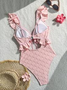 Swim Mod Summer Beach Women's One-Piece Special Towel Fabric Heart Pattern Pink Ruffle Tie-Up Hollow Bikini Swimsuit Pink Swimsuit Ruffle Swimsuit - Pink - View 3