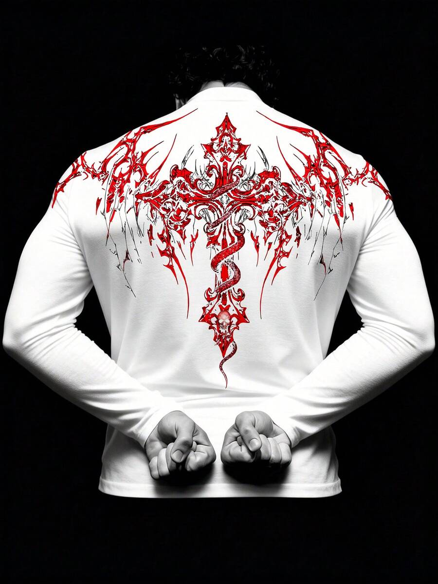 Manfinity Sport PWRUP 男士立领十字架骷髅印花休闲百搭日常户外运动长袖T恤 - 彩色 - 查看 1