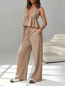 SHEIN EZwear 2件套卡其色露背吊带上衣和裤子休闲度假套装（女士） - 卡其色 - 查看 4