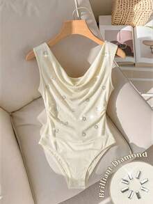 GlowEve Elegant Rhinestone Embellished Sleeveless Bodysuit, Summer - Apricot - View 3