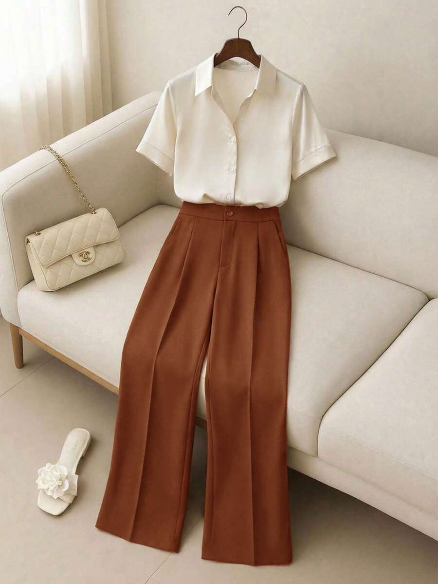 Franclia Women's Casual Commuter Short Sleeve Shirt And Pants 2 Pieces Set - Apricot - View 1