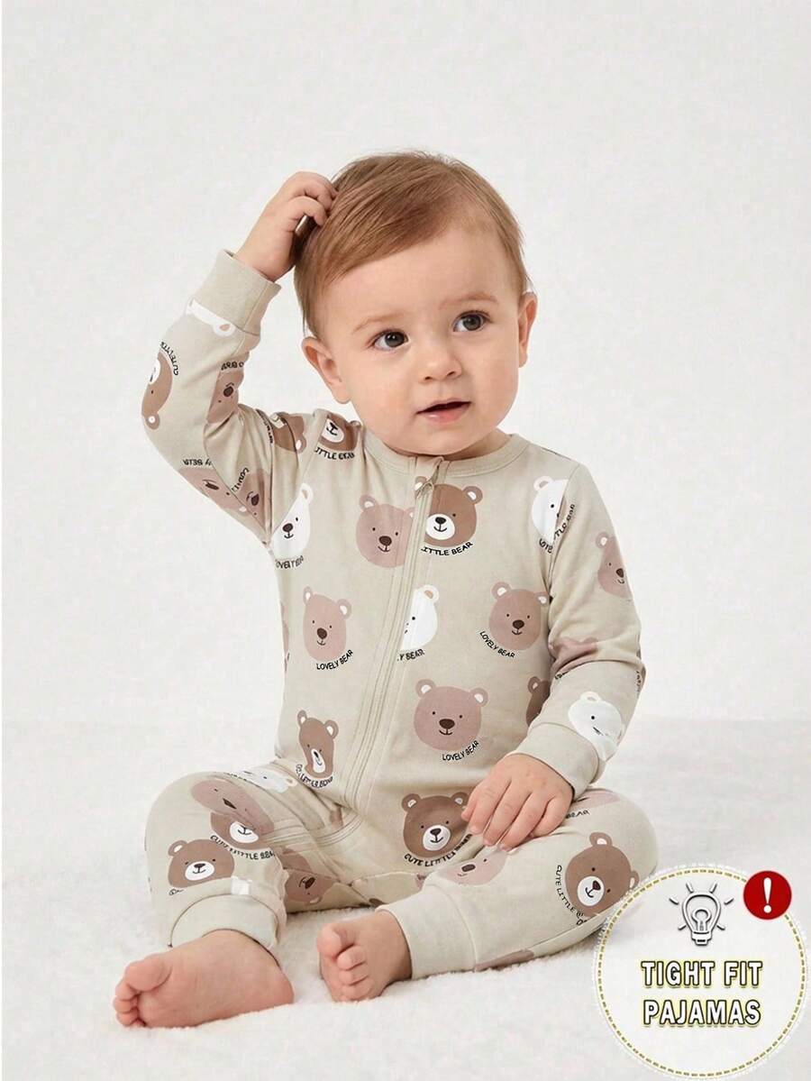 婴儿/幼儿男童可爱米色小熊印花弹力面料连体衣，拉链设计，舒适睡衣 - 杏色 - 查看 1