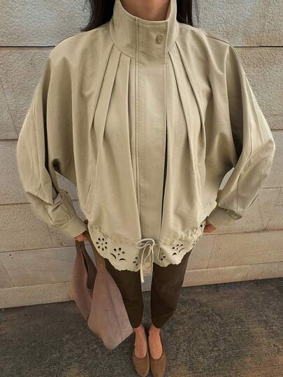 Livesso Löst och avslappnat gatumode, veckad, dragsko i midjan, urholkad jacquard-lapptäcke, ståkrage, lätt utomhusjacka för kvinnor, vår/sommar/höst